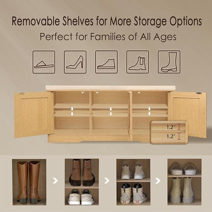DINZI LVJ Shoe Bench, Entryway Storage Bench with Doors, Cushion, 2-Tier Shoe Rack with 6-Cubby, 39.4”L x 13.8”W Shoe Organizer Cabinet, Adjustable Shelf, Living Room, Bedroom, Natural with Rattan