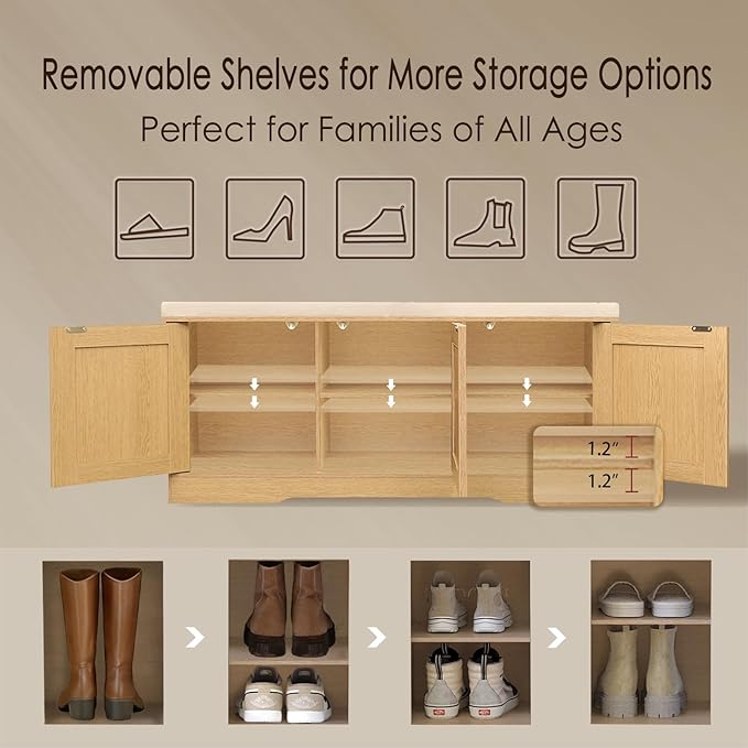 DINZI LVJ Shoe Bench, Entryway Storage Bench with Doors, Cushion, 2-Tier Shoe Rack with 6-Cubby, 39.4”L x 13.8”W Shoe Organizer Cabinet, Adjustable Shelf, Living Room, Bedroom, Natural