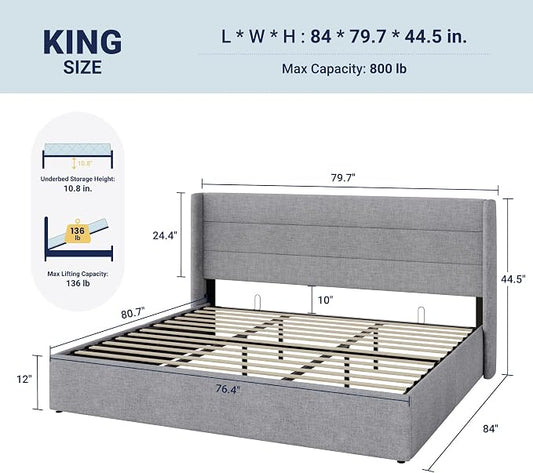 Allewie King Size Lift Up Storage Bed, Modern Wingback Headboard, Hydraulic Support, No Box Spring Needed, Light Grey