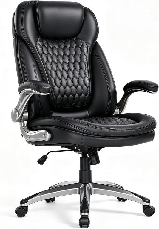COLAMY High Back Executive Office Chair – Ergonomic PU Leather Desk Chair with Flip-Up Armrests,Height, Lumbar Support, Comfortable Computer Chair for Home Office – Black