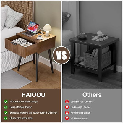 HAIOOU Fluted Mid Century Modern Nightstands Set of 2 with Charging Station, Modern Bedside Tables with Storage Drawer, Solid Wood Legs, End Tables for Bedroom Living Room