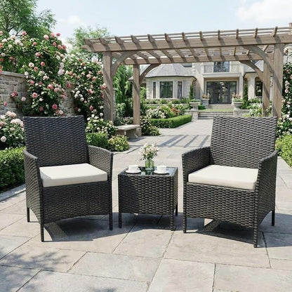3PCS Outdoor Patio Bistro Set, PE Wicker Armchairs with Coffee Table, Beige