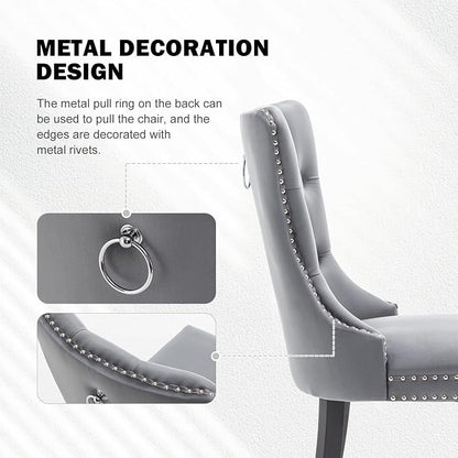 Hixkol Velvet Dining Chairs Set of 2,Upholstered Dining Chairs with Ring Pull Trim and Button Back,Modern Seating for Kitchen, Dining Room & Living Room(Grey)