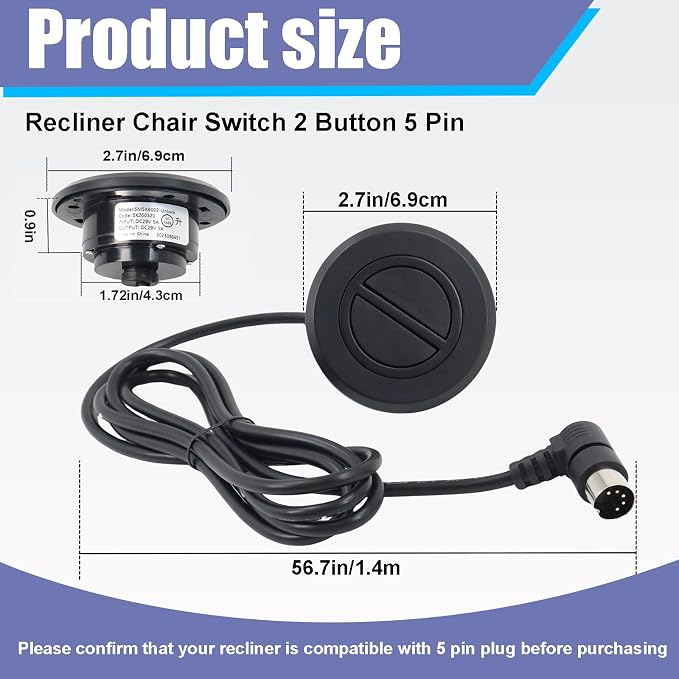 Power Recliner Chair Switching Replacement with 2 Button 5 Pin Plug for Electric Sofa Lift Chair,Round Hand Control Handset Lift Chair Remote Replacement