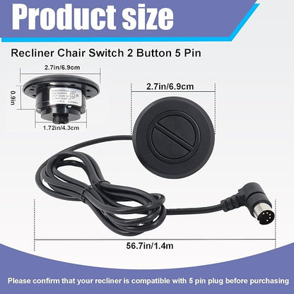 Power Recliner Chair Switching Replacement with 2 Button 5 Pin Plug for Electric Sofa Lift Chair,Round Hand Control Handset Lift Chair Remote Replacement