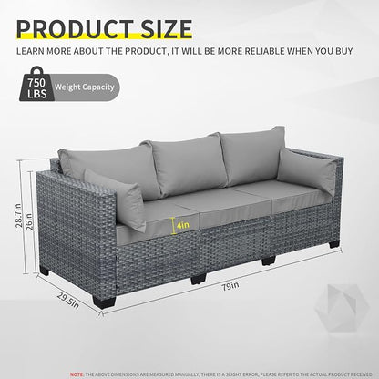 Lviden Wicker Patio Couch Outdoor 3-seat Sofa with All-Weather Rattan Deep Seater Outdoor Couch with Anti-Slip Cushions and Furniture Cover, Light Grey