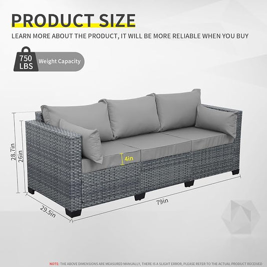Lviden Wicker Patio Couch Outdoor 3-seat Sofa with All-Weather Rattan Deep Seater Outdoor Couch with Anti-Slip Cushions and Furniture Cover, Light Grey