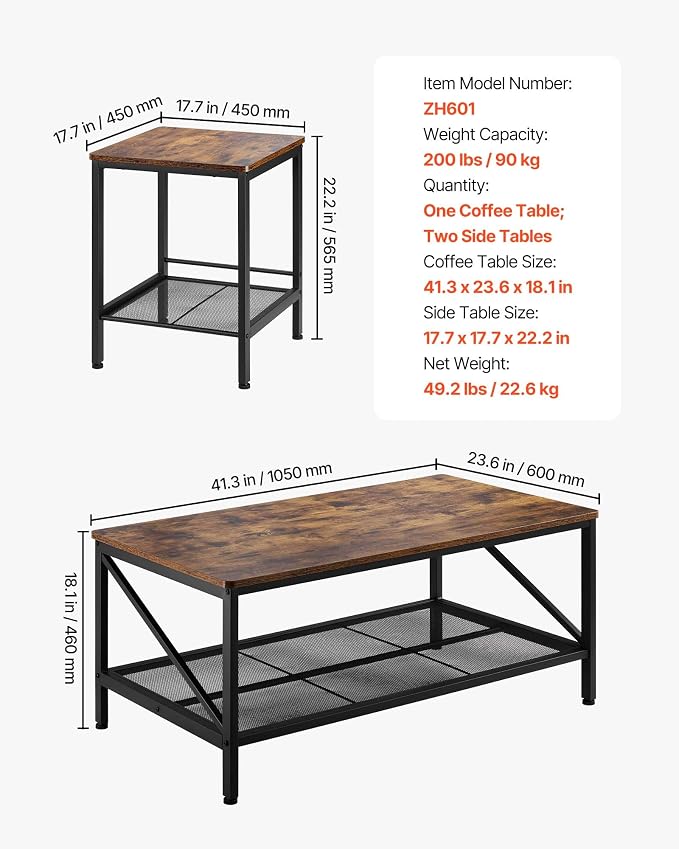 VEVOR 3 Pieces Living Room Table Sets, 41.3 in Industrial Coffee Table with 2 Square End Side Tables, Easy Assembly Coffee and End Tables Sets with Metal Legs, for Office, Living Room & Apartment