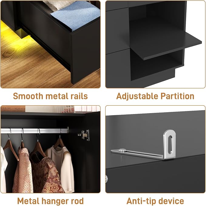Hlivelood 3 Doors Armoire Wardrobe Closet with Mirror,2 Large Drawers, LED Light Wood Wardrobe Closet, Armoire with Hanging Rod for Bedroom, Black