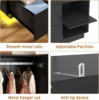 Hlivelood 3 Doors Armoire Wardrobe Closet with Mirror,2 Large Drawers, LED Light Wood Wardrobe Closet, Armoire with Hanging Rod for Bedroom, Black