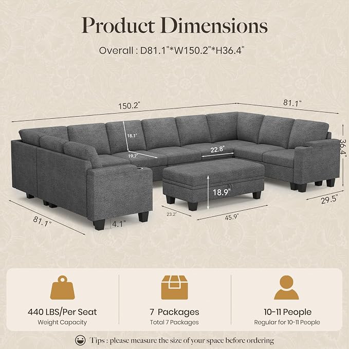 Belffin Oversized U Shaped Modular Sectional Couches for Living Room 10 Seater Modular Sofa Set with Storage Ottoman Large Sectional Couch with Cup Holder. Light Grey Sofa