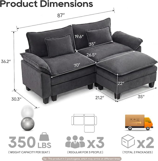URRED Oversized Modular Sectional Sofa, 87" L Shaped Modern Comfy Cloud Couch with Movable Ottoman & Pillows, Deep Seat Couches for Living Room, Bedroom or Apartment (Velvet Grey, 87" L Shaped)