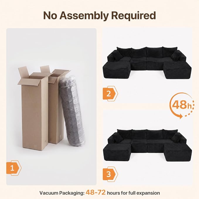 Claiks 120" Boneless Couch, Cloud Couch Sectional, U-Shape Corduroy Modular Sectional Sofa Deep Seat, Upholstered Couches for Living Room, No Assembly Required, Black