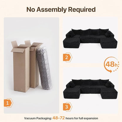 Claiks 120" Boneless Couch, Cloud Couch Sectional, U-Shape Corduroy Modular Sectional Sofa Deep Seat, Upholstered Couches for Living Room, No Assembly Required, Black