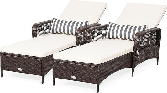 COSTWAY PE Rattan Chaise Lounge Chair, 6 Gear Adjustable Recliner with Armrest & Pillow, Wicker Outdoor Furniture for Deck, Patio (2, Brown)