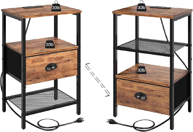 sthmec Nightstands Set of 2, Night Stands with Charging Station and Fabric Drawer, Bedside Tables with Drawers, 2- Tier Side Table with Open Shelf, Nightstands with Charging Station,Rustic Brown