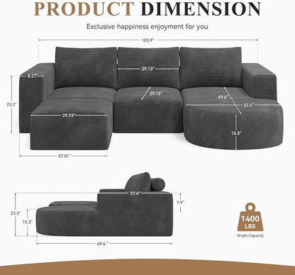 Boneless Couches for Living Room with Chaise,104" Modular Sectional Sofa with Convertible Ottoman,Cozy Cloud Couch with U-Shaped,Sponge Compression Sofas in a Box,No Assembly Required(Gray) 1pcs