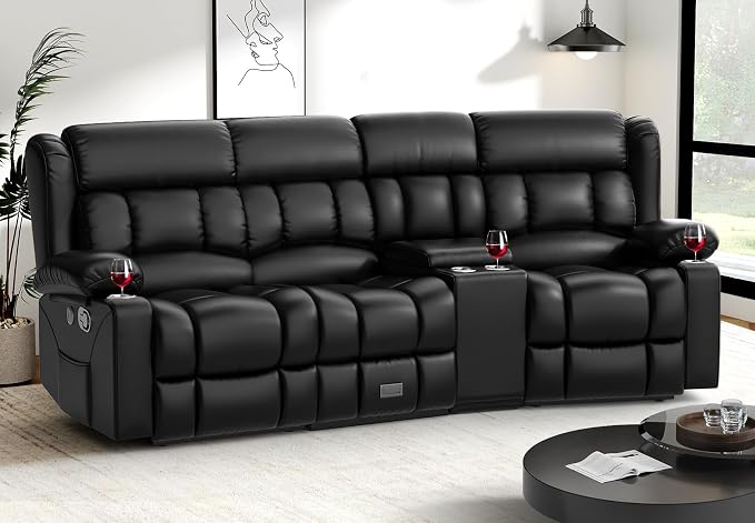 Dresegmt Recliner Sofa with Storage Console, Flip Middle Backrest Design PU Leather 3 Seat Reclining Sofa with Storage Drawer, Manual Couch for Living Room (Black, 3 Seater + Console)