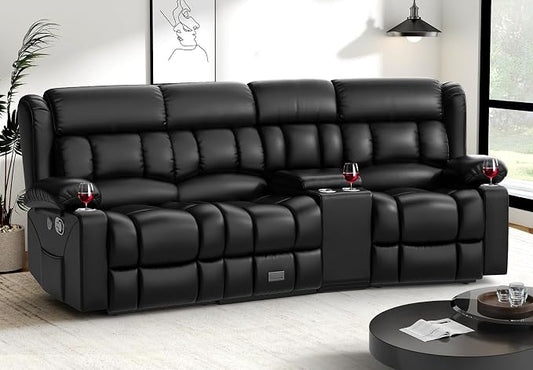Dresegmt Recliner Sofa with Storage Console, Flip Middle Backrest Design PU Leather 3 Seat Reclining Sofa with Storage Drawer, Manual Couch for Living Room (Black, 3 Seater + Console)