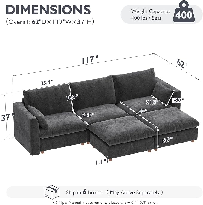 Ihanherry 117" Oversized Modular Sectional Sofa, Modern U Shaped Cloud Couch with 2 Storage Ottoman, 5-Seat Comfy Chenille Deep Seat Sofa with 2 Pillows for Living Room, Grey