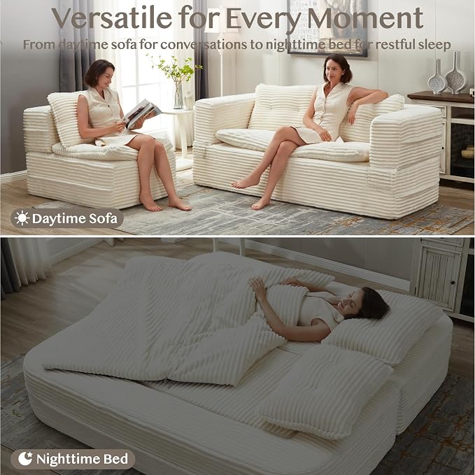 80'' Futon Sofa Bed, King Size Foldable Sleeper Sofa, Corduroy Boneless Loveseat Couch with Chaise Lounge, 3 Pillows, Blanket, Upholstered Sectional Couches for Living Room, Bedroom, Beige