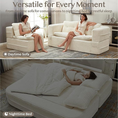 80'' Futon Sofa Bed, King Size Foldable Sleeper Sofa, Corduroy Boneless Loveseat Couch with Chaise Lounge, 3 Pillows, Blanket, Upholstered Sectional Couches for Living Room, Bedroom, Beige