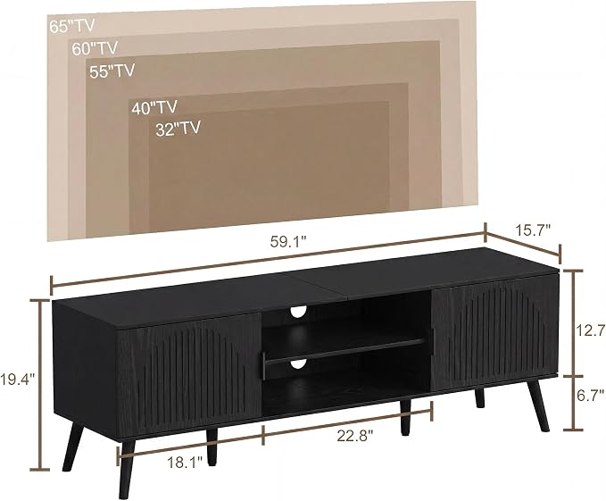 ChooChoo TV Stand for Living Room, Mid Century Modern TV Stand for 65 Inch TVs, Entertainment Center with Storage Cabinet and Open Shelves, TV Console Table Media Cabinet for Bedroom, Black