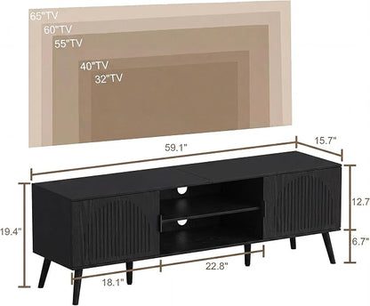 ChooChoo TV Stand for Living Room, Mid Century Modern TV Stand for 65 Inch TVs, Entertainment Center with Storage Cabinet and Open Shelves, TV Console Table Media Cabinet for Bedroom, Black