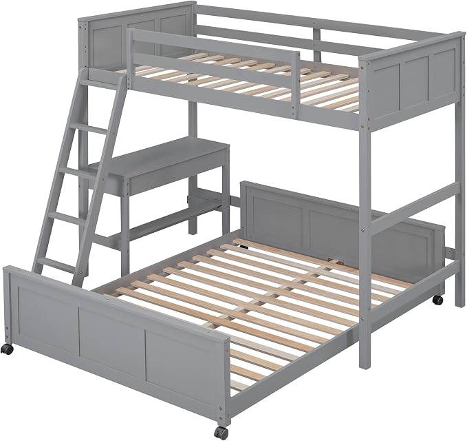 Ball & Cast Twin Over Full Bunk Bed with Safty Guardrail & Stairway,Heavy Duty Wood Loft Bedframe W/Desk & Drawers,Easy Assembly,Versatile Functional Bedroom Furniture Set for Boy Girl Teens,Gray