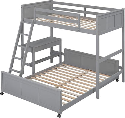 Ball & Cast Twin Over Full Bunk Bed with Safty Guardrail & Stairway,Heavy Duty Wood Loft Bedframe W/Desk & Drawers,Easy Assembly,Versatile Functional Bedroom Furniture Set for Boy Girl Teens,Gray