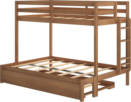 Grain & Grove Bear Twin Over Full Bunk Bed with Trundle Bed, Sturdy Bunk Bed Frame for Kids, Plywood Bunk with Ladder, Guardrail, and Slats, No Box Spring Required, Oak Embossed Pecan