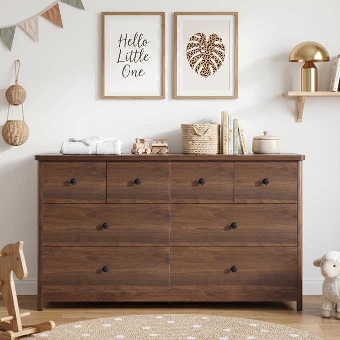 Vabches Kids Dresser Cabinet with 8 Drawers, Changing Table for Nursery with Open Shelves, Multi-Functional Chest of Drawers, Kids Bedroom Furniture, Nightstand for Children's Room, Walnut