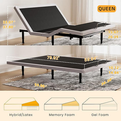 Electric Queen Adjustable Bed Frame with Wireless Remote, Head Foot Incline, USB, Underbed Light - Heavy Duty Platform, Easy Assembly, Zero Gravity - Bedframe Basic with Quiet Motor