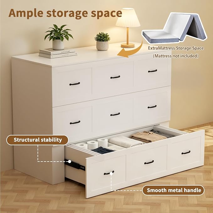 Full Size Murphy Bed with Storage & Charging Station – Farmhouse Cabinet Bed, Space Saving & Noise-Free Wall Bed for Guest Bedroom, Living Room, Office, White