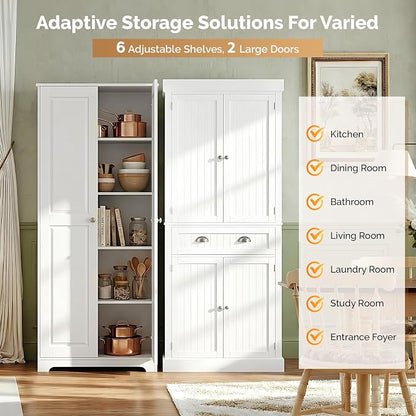 VINGLI 72" Tall Pantry Cabinet, Kitchen Pantry Storage Cabinet with 2 Doors & Adjustable Shelves, Freestanding Food Storage Cupboard for Kitchen, Dining Room, Utility Room, White