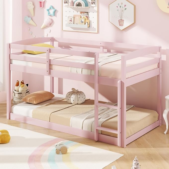 MAT EXPERT Bunk Bed Twin Over Twin, Low Wood Bunk Bed Frame w/Safety Guardrails, Ladder & Slats, Floor Platform Twin Bunk Beds for Kids Toddlers, for Dorm Bedroom, No Box Spring Needed (Pink)
