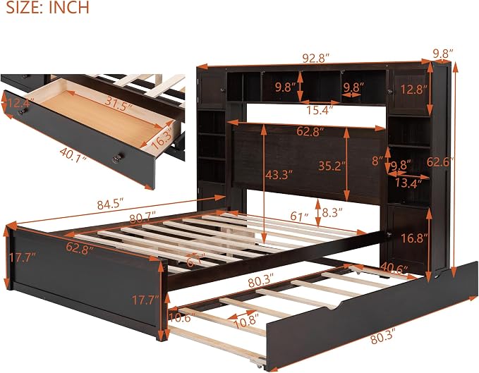 Merax Queen Size Wooden Bed with All-in-One Cabinet and Shelf, Espresso Platform Bed Frame with 2 Drawers, Trundle and Sockets