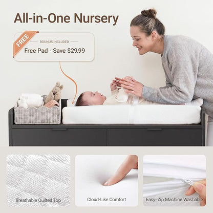 MAMAZING Keeva Pro 6-Drawer Baby Dresser with Changing Table, Easy Assembly | Black Wooden Nursery Dresser, Anti-Tip Design & Adjustable Feet, Dresser for Bedroom, Kids & Toddler Storage, 44" Wide