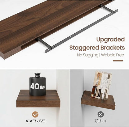 Vivelove Walnut Floating Shelves 32 Inches Long, Wall Display Shelves with Invisible Brackets, for Bathroom Living Room Kitchen Bedroom Office Farmhouse Home Decor, 32x9.3X 1.5 - Set of 2, Walnut