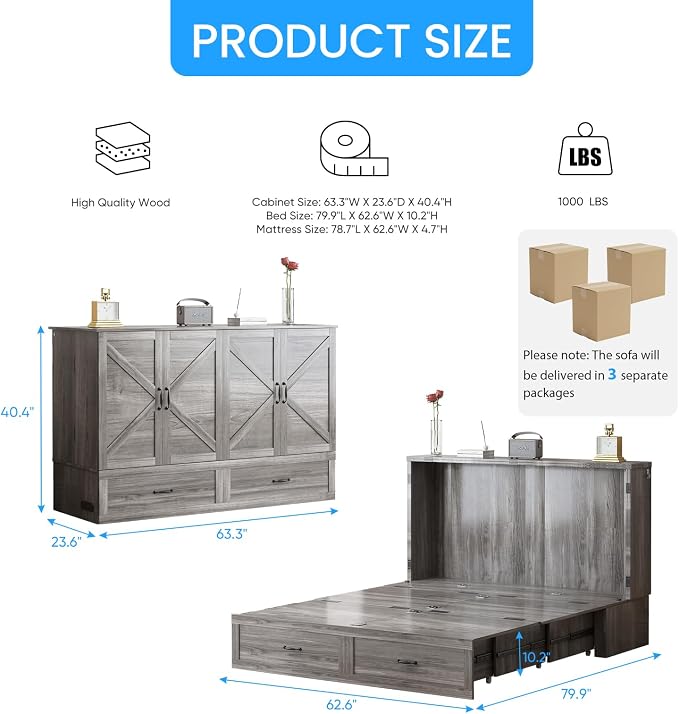 PUREMIND Queen Murphy Bed Cabinet, Bedroom Cabinet Beds with USB Charging Station, Murphy Chest Bed with Storage Drawers, Horizontal Wallbed for Guest Room Grey