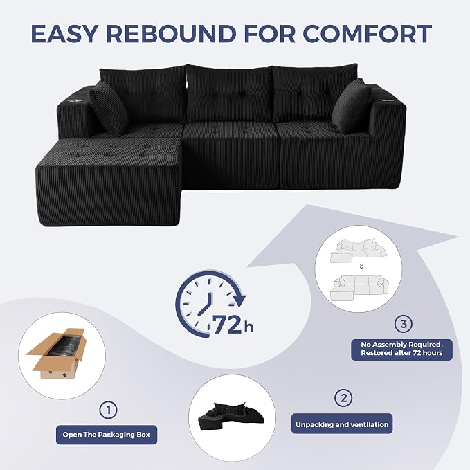 MAXYOYO Modular Sectional Sofa Couch, L Shaped Modern Cloud Couch with 1 Ottoman, Sofa in A Box, Tufted 4-Seat Boneless Chair for Living Room, No Assembly Required, Black
