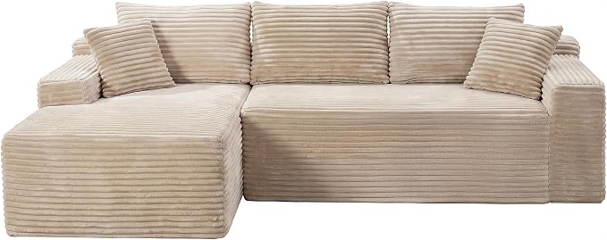 105-Inch L-Shaped Left Facing Corner Compressed Sofa Modular Sectional Boneless Cloud Sofa Floor Foam Couch with Chaise Lounge, Corduroy Corner Boneless Cloud Couch
