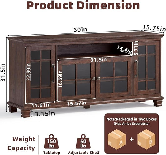 SAVOR LIFE Large Sideboard Buffet Cabinet with Storage,Vintage Walnut Farmhouse 60" Wide Sideboard Cabinets with Glass Doors & Wood Legs,Kitchen Coffee Bar Credenza for Dining Room, Living Room