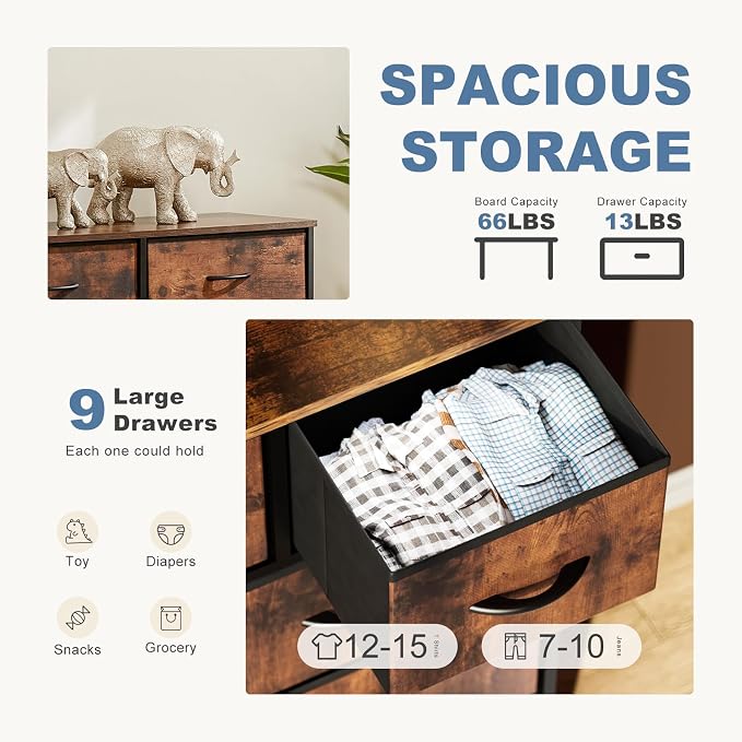 DUMOS 9 Drawer Dresser for Bedroom, Storage Organizer Chest of Drawers | Fabric Bins Storage Tower with Sturdy Metal Frame, Wood Tabletop for Closet, Brown