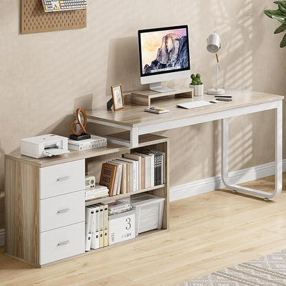 MaverickFurni 55" L Shaped Desk with Drawers and Shelves, Home Office Desk with Monitor Stand for Work Writing Study, Reversible Corner Desk with Storage, White and Walnut