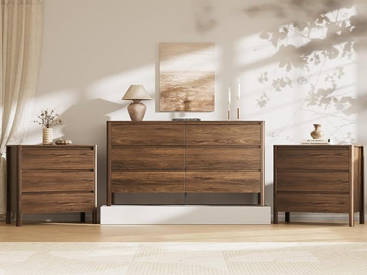 MAISONARIA Walnut 3-Piece Dresser Bedroom Set, 6 Drawers Dresser & 3 Drawer Nightstands with Hidden Handles, Wood Chest of Drawers for Bedroom, Living Room, Entryway