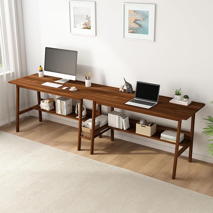 NELYE 2-Person Writing Desk with Bookshelf - 79" Wooden Extra Long Home Office Work Table, Double Study Computer Workstation with Storage Shelves in Walnut, 79" W x 24" D