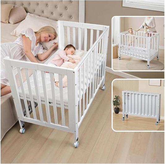 Flwrgirl Folding Wood Bedside Bassinet - Portable 4-in-1 Baby Bassinet with Breathable Mattress,3 Heights Baby Crib with Wheels,Mini Crib for Infant Newborn and Small Space,White