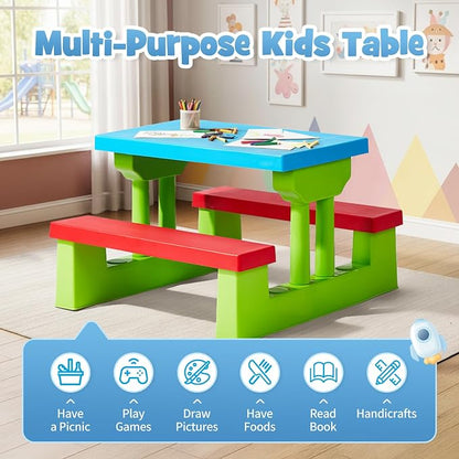 JOYMOR Kids Picnic Table with Removable Umbrella, Plastic Kids Activity Table for Outdoors, Toddler Table and Bench Set for Ages 3+, Ideal for Garden, Patio, Coloful