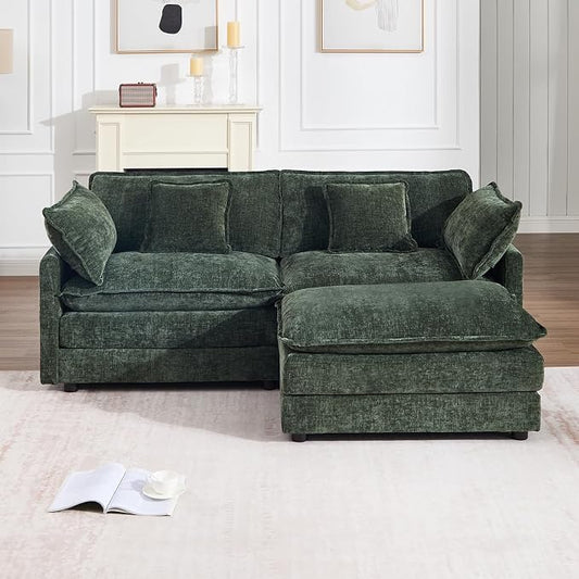 Modular Sectional Sofa with Ottoman, 76.7" Modern L Shaped Sectionals Cloud Couch, Comfy Couch Loveseat, 3 Seat Chenille Deep Seat Sofa with Pillow for Living Room,Bedroom Apartment,Small Spaces-Green